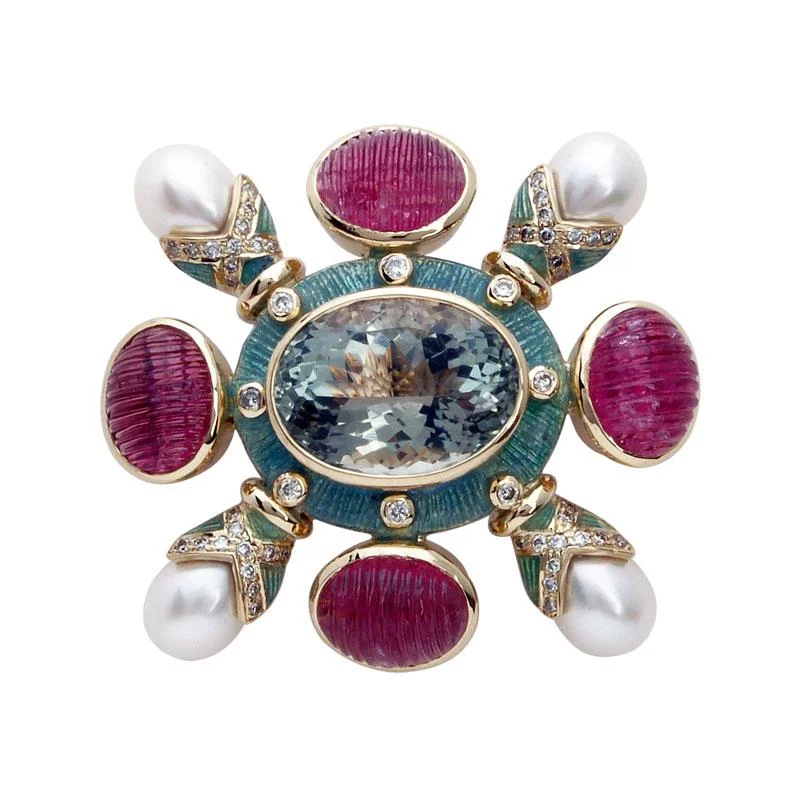 Suede detail brooches-Brooch-Green Quartz, Rubellite, Pearl and Diamond (Enamel)  (1322B)