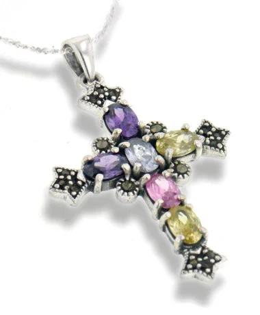 Wicker weave necklaces-Multicolor CZ and Marcasite Cross Sterling Silver Pendant and 18" Chain Necklace