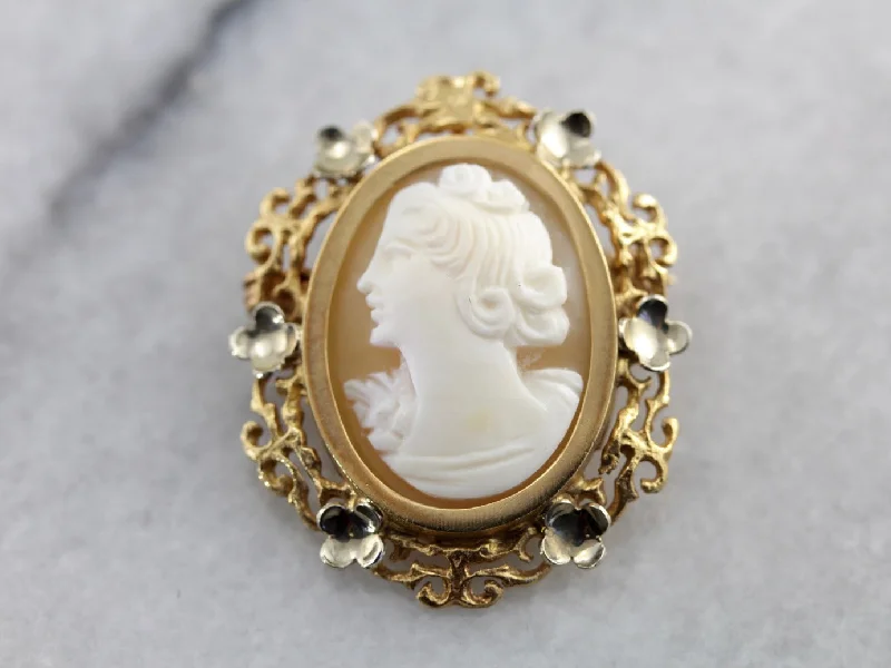 Token coin brooches-Vintage Cameo Brooch with Lovely Floral Frame