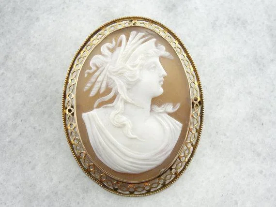 Hematite brooches-Vintage Cameo Gold Filigree Brooch