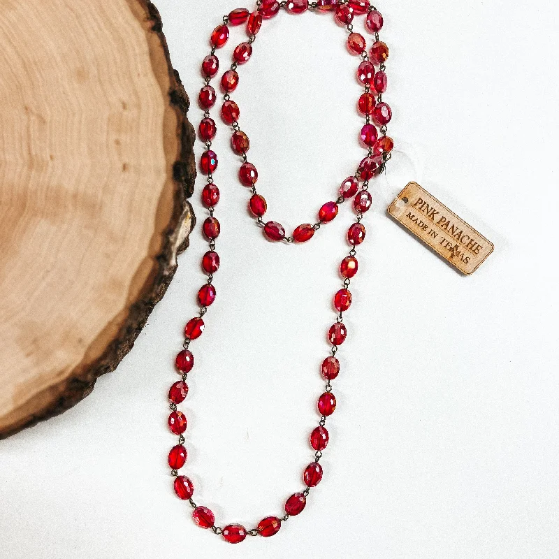 Planetary sign necklaces-Pink Panache | Long Red Flat Oval Crystal Beaded Necklace with Bronze Links