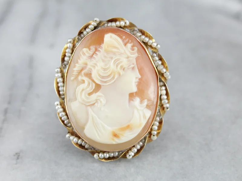 Georgian style brooches-Vintage Cameo Brooch or Pendant with Seed Pearl Accents