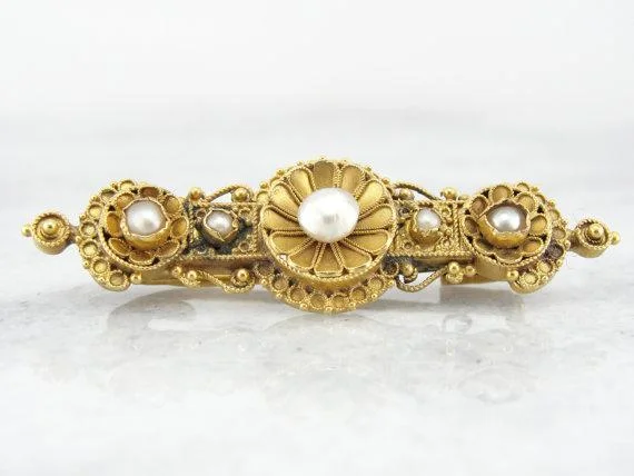 Shining crystal brooches-Etruscan Revival Victorian 22K Gold and Pearl Brooch