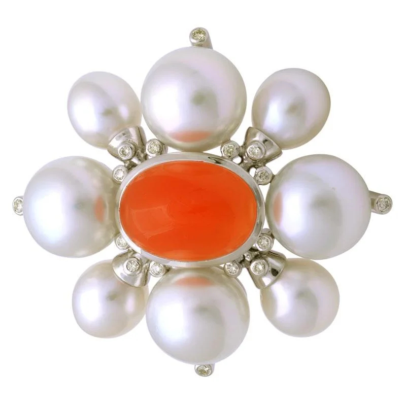 Square gem brooches-Brooch-Cornelian, South Sea Pearl and Diamond  (128BS)