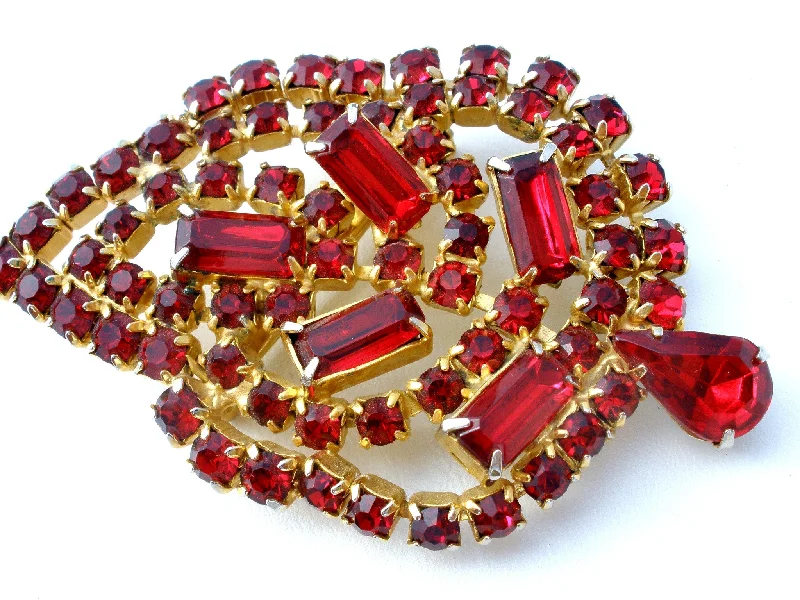 Woven motif brooches-Ruby Red Rhinestone Leaf Brooch Pin Vintage