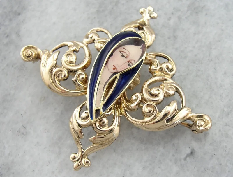 Artisan crafted brooches-Scrolling Filigree Brooch with Modernist Virgin Mary Center