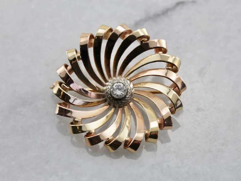 Lustrous pearl brooches-Mid Century Spiral Brooch with Diamond Center in Tri Color Gold