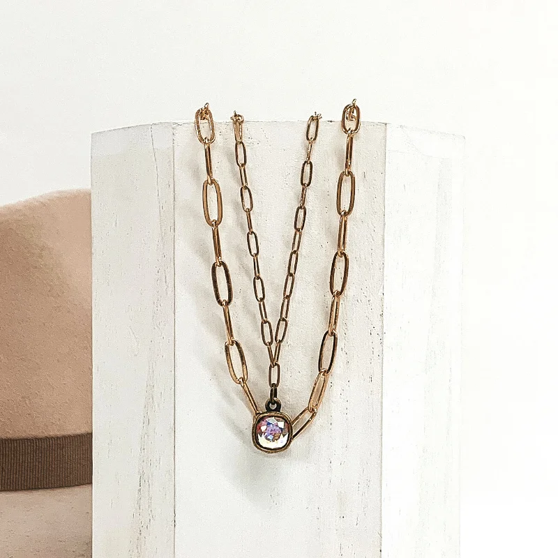 Indian style necklaces-Pink Panache | Bronze Paperclip Double Chain Necklace with Cushion Cut AB Crystal