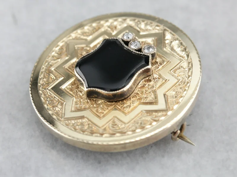 Detailed accent brooches-Onyx Diamond and Gold Victorian Pendant or Brooch