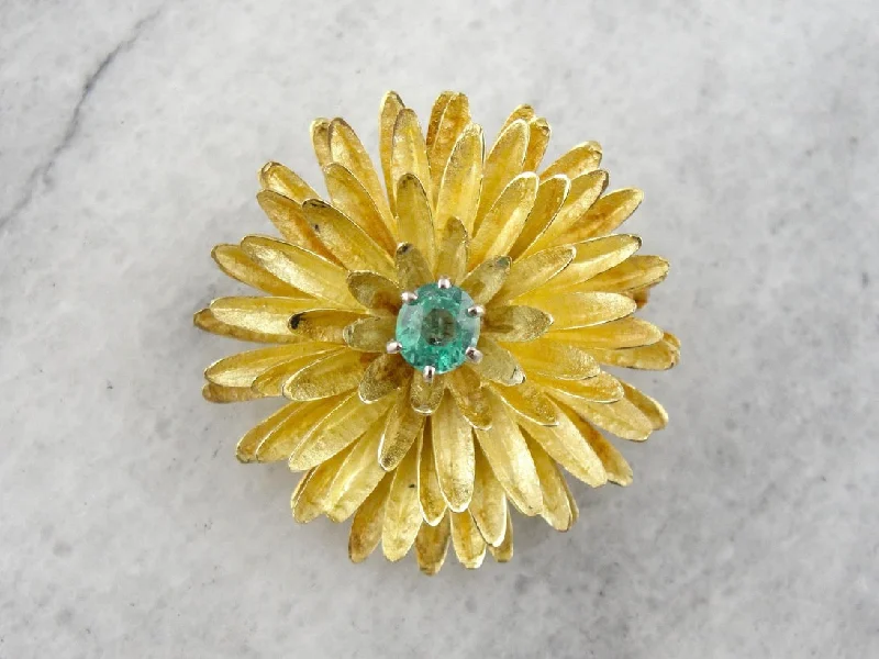 Chained design brooches-Flower Brooch with Bright Emerald Center, Textured High Karat Yellow Gold