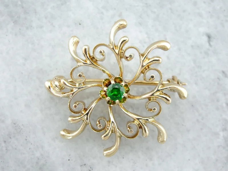 High-gloss brooches-Vintage Demantoid Garnet Brooch, Victorian Revival Pin in Yellow Gold