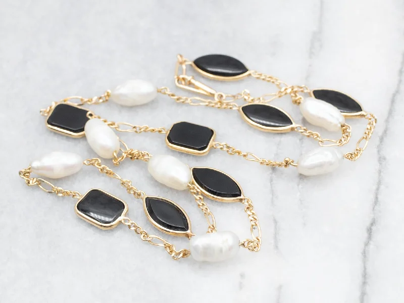 Brushed gold necklaces-Black Onyx and Freshwater Pearl Station Necklace