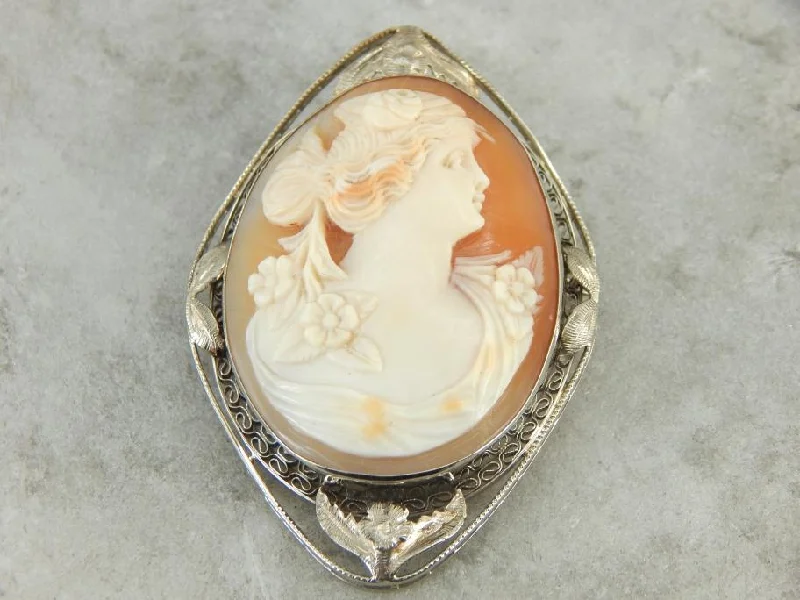 Spiral stone brooches-Floral Framed Flower Lady Cameo Pendant or Brooch