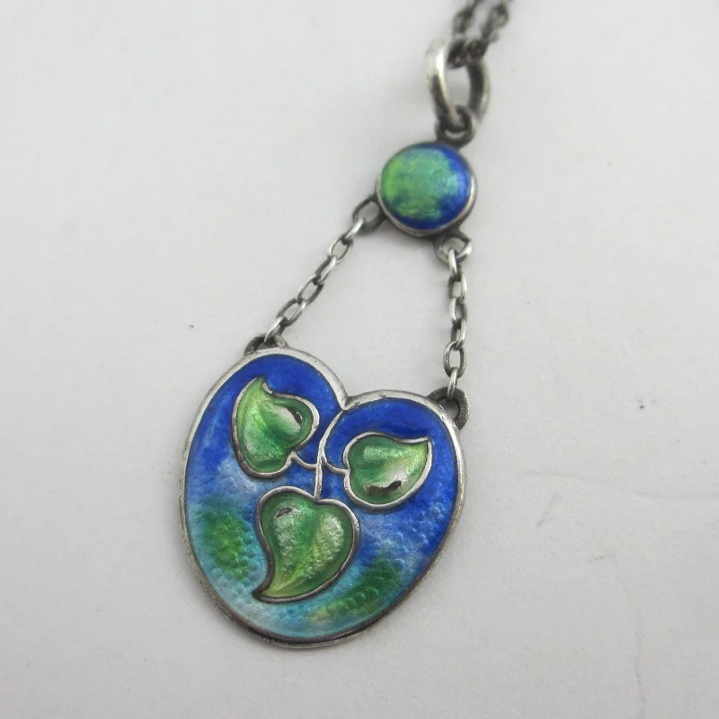 Sapphire pendant necklaces-Ivy Leaf Enamel on Sterling Silver Dangling Pendant Necklace Antique Art Nouveau c1910