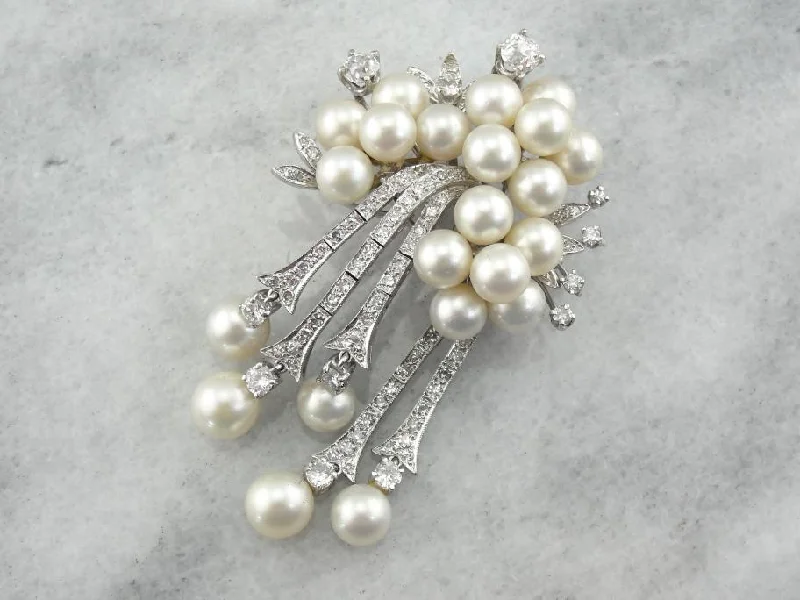 Circular stone brooches-Edwardian Diamond and Pearl Brooch En Pendant, White Gold