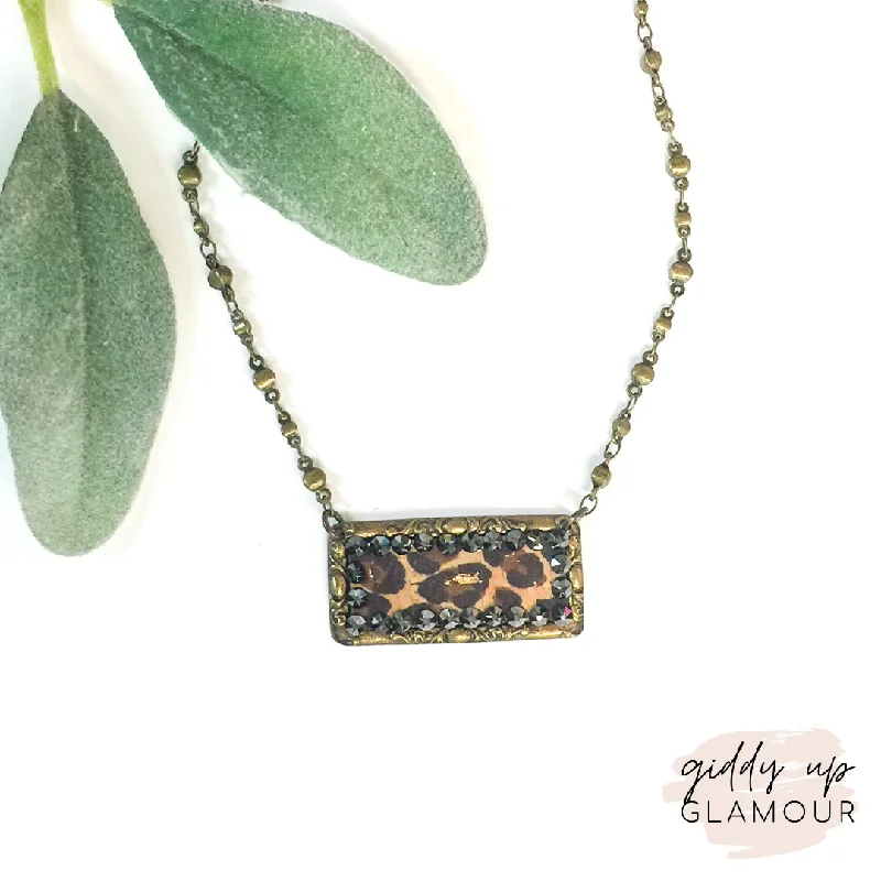 Trio birthstone necklaces-Pink Panache Bronze Rectangle Necklace with Leopard Inlay and Black Crystals