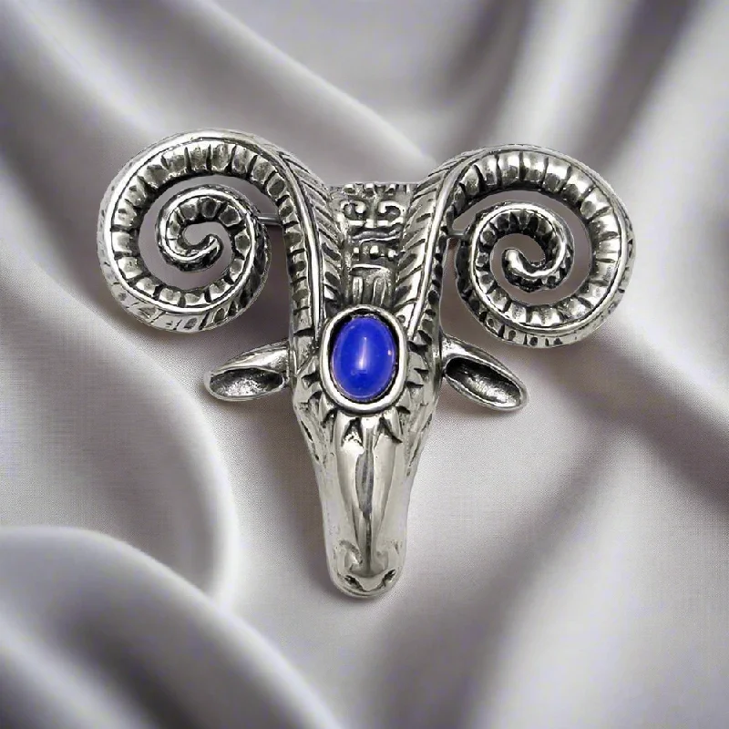 Square stone brooches-Rams head 925 silver brooch, solid silver, handmade brooch