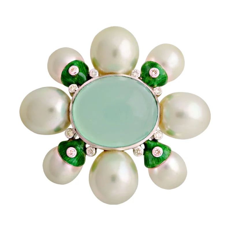 Organic form brooches-Brooch- Chalcedony, South Sea Pearl And Diamond (Enamel) (95ES)