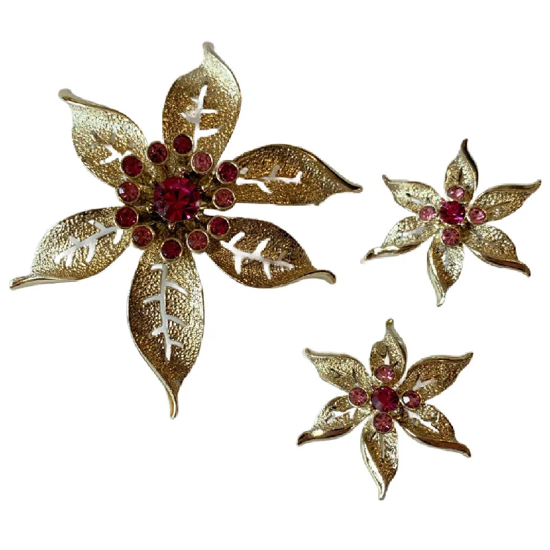 Georgian style brooches-Bright Pink and Gold Flower Brooch and Clip Earrings circa 1960s