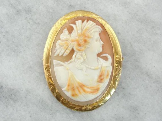 Crystal-wrapped brooches-White Shell Cameo  in Fine Gold Frame Pendant or Brooch