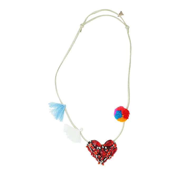 Gem-wrapped necklaces-Chelsea Red Heart- Kids Pom Pom Necklace Rhine Stone Embroidered Accessory