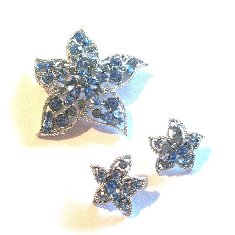 Detailed filigree brooches-Star Fire Blue Rhinestone Brooch and Clip Earrings circa 1960s