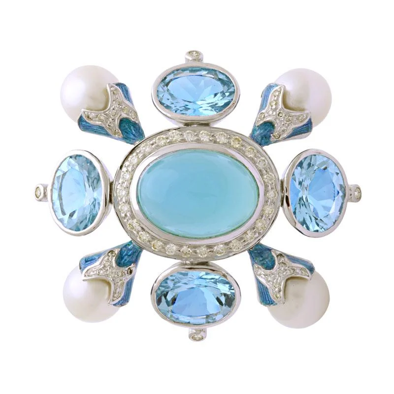 Stained wood brooches-Brooch-Chalcedony, B. Topaz, South Sea Pearl and Diamond (Enamel)  (134AS)