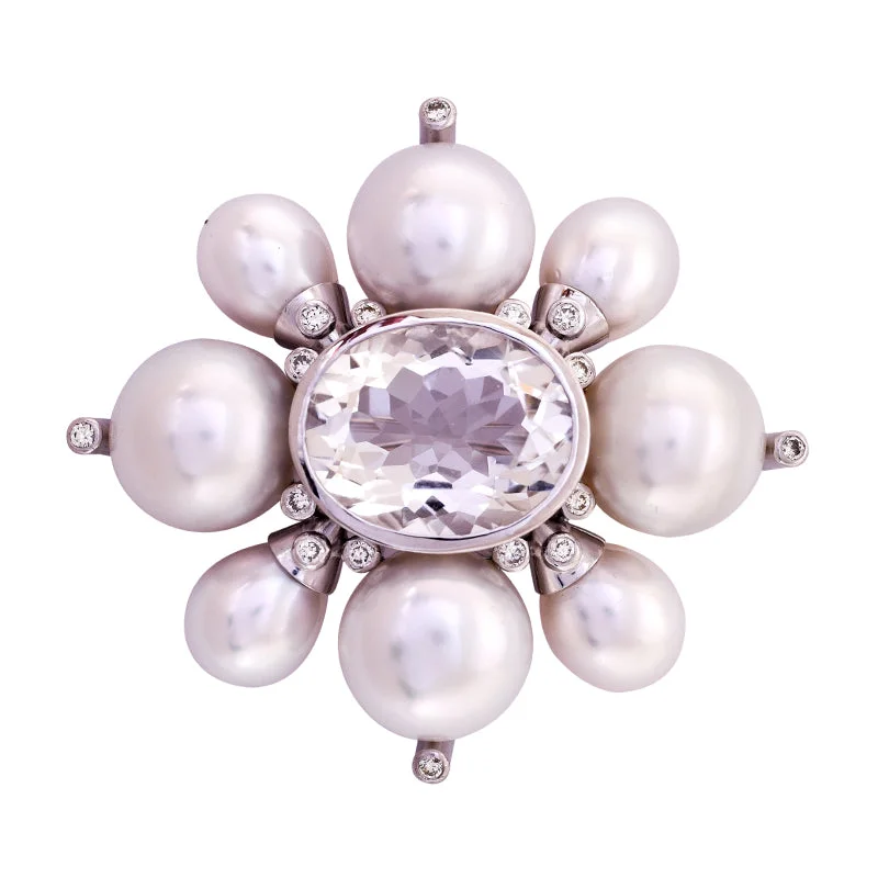 Sculpted art brooches-Brooch- Rock Crystal, S.S. Pearl and Diamond in Silver