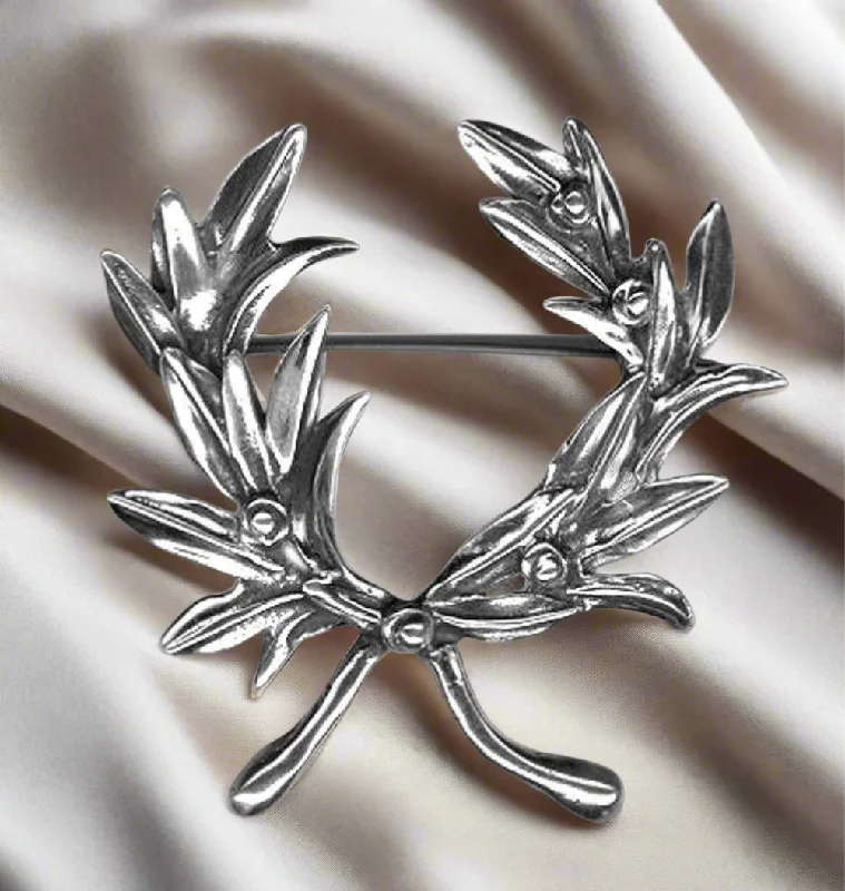 Sacred cross brooches-Kotinos Olive leaf Wreath brooch in sterling Silver (K-01)