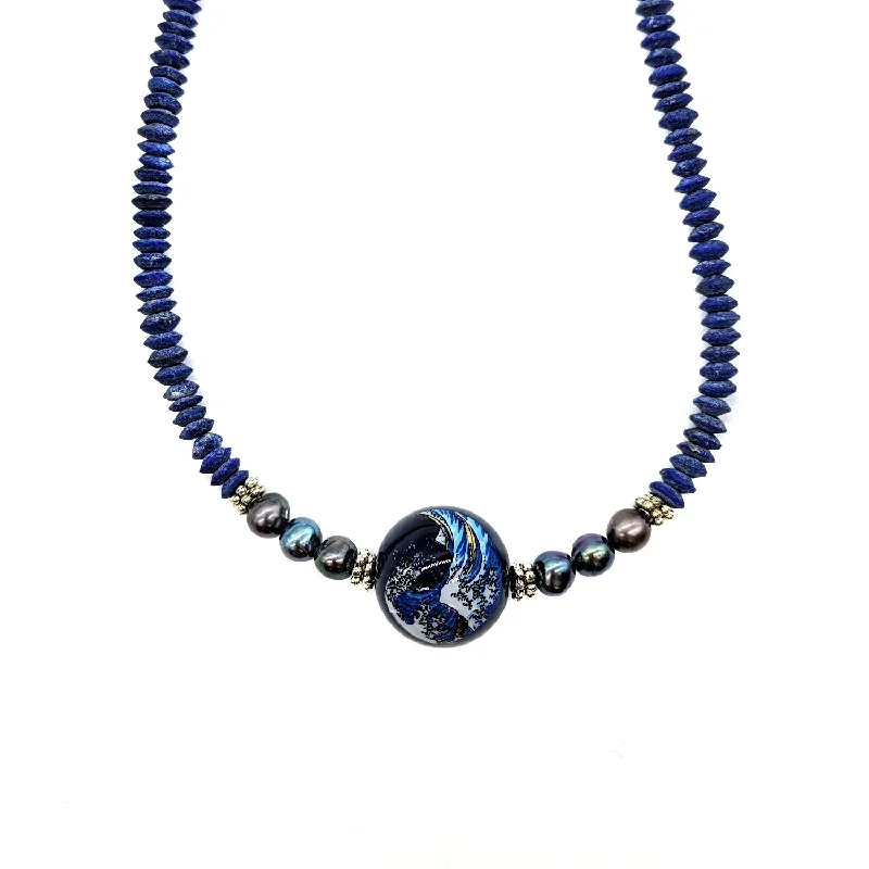 Plated silver necklaces-Hokusai Tensha & Lapis Necklace