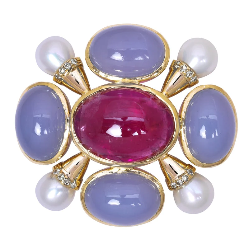 Prism star brooches-Brooch- Rubellite, Chalcedony, F.W. Pearl And Diamond (1661G)