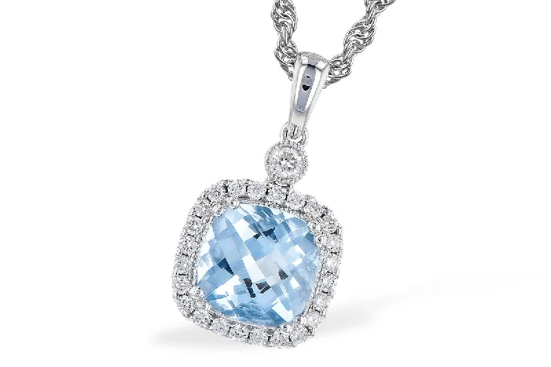 Sapphire pendant necklaces-14K White Gold Cushion Cut Aquamarine and Diamond Halo Necklace.