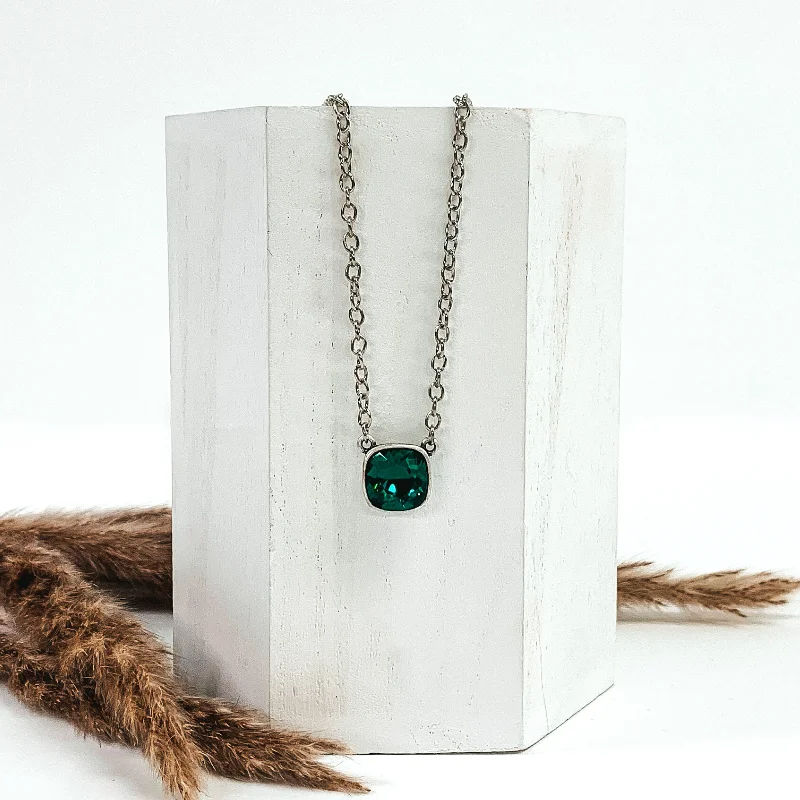 Raw wood necklaces-Pink Panache | Silver Chain Necklace with Cushion Cut Crystal in Emerald