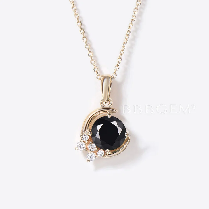 Jasper stone necklaces-Round Cut Black Onyx Moon Pendant Yellow Gold Diamond Cluster Necklace