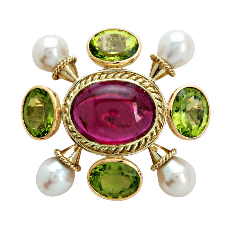 Artisan crafted brooches-Brooch- Peridot, Pearl And Rubellite (1358F)