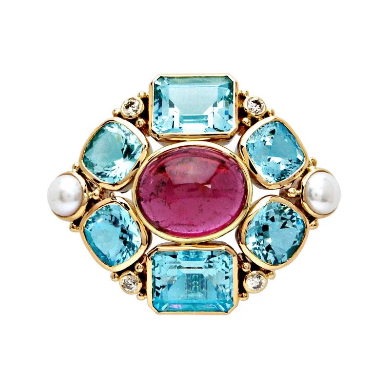 Sharp pin brooches-Brooch-Aquamarine, Rubellite, Pearl and Diamond  (1343I)