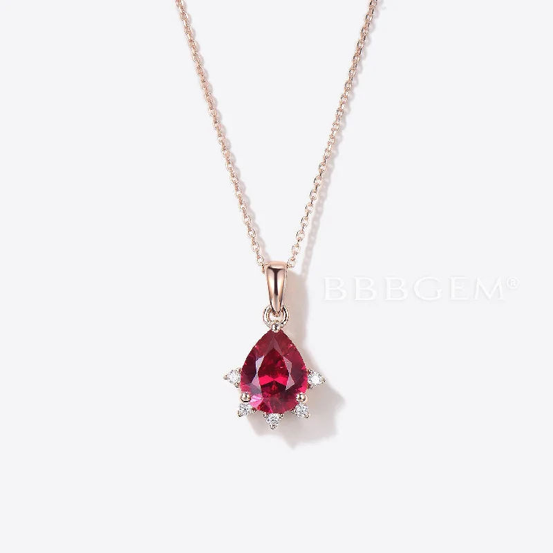 Twist knot necklaces-Teardrop Cut Red Ruby Diamond Minimalist Pendant Rose Gold Necklace