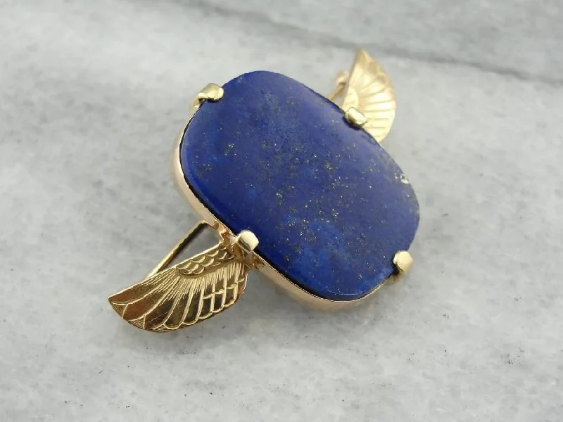 Tri-metal brooches-Vintage Egyptian Revival Lapis Brooch with Wing Details