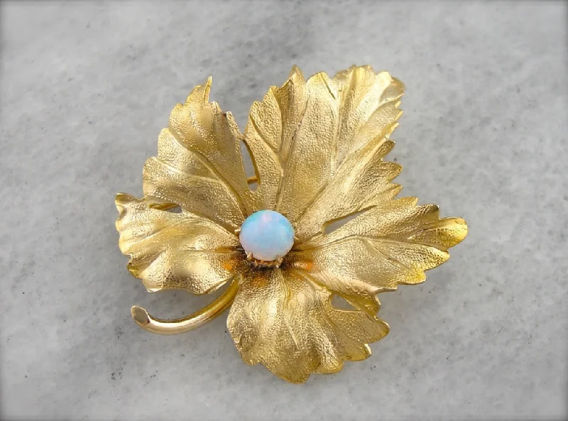 Wicker style brooches-Realistic Maple Leaf Brooch with Opal Set at the Center