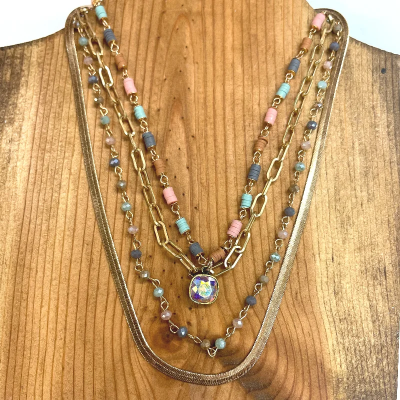 Akoya pearl necklaces-Pink Panache | Four Strand Necklace with Herringbone Chain, Gold Linked Chain, Multicolored Disk and Beaded Chain with AB Cushion Cut Crystal Drop