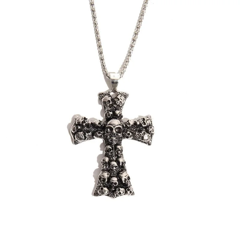 Gem-wrapped necklaces-Men's Punk Large Skulls Cross Pendant Necklace