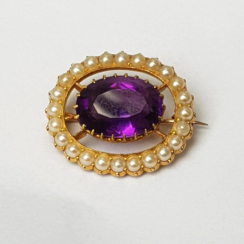 Star sign brooches-18k Gold Amethyst Seed Pearl Lace Pin Brooch Antique Edwardian circa 1905