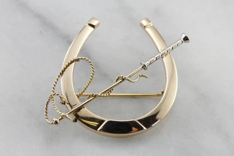 Infinity knot brooches-Vintage Equestrian Themed Horseshoe Brooch, Horseshoe and Lunge Line Pin