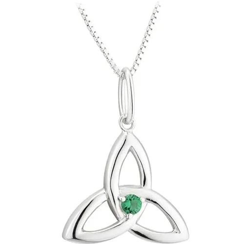 Heavy link necklaces-Irish Sterling Silver Green Crystal Trinity Knot Pendant Necklace for Women - 18" Chain