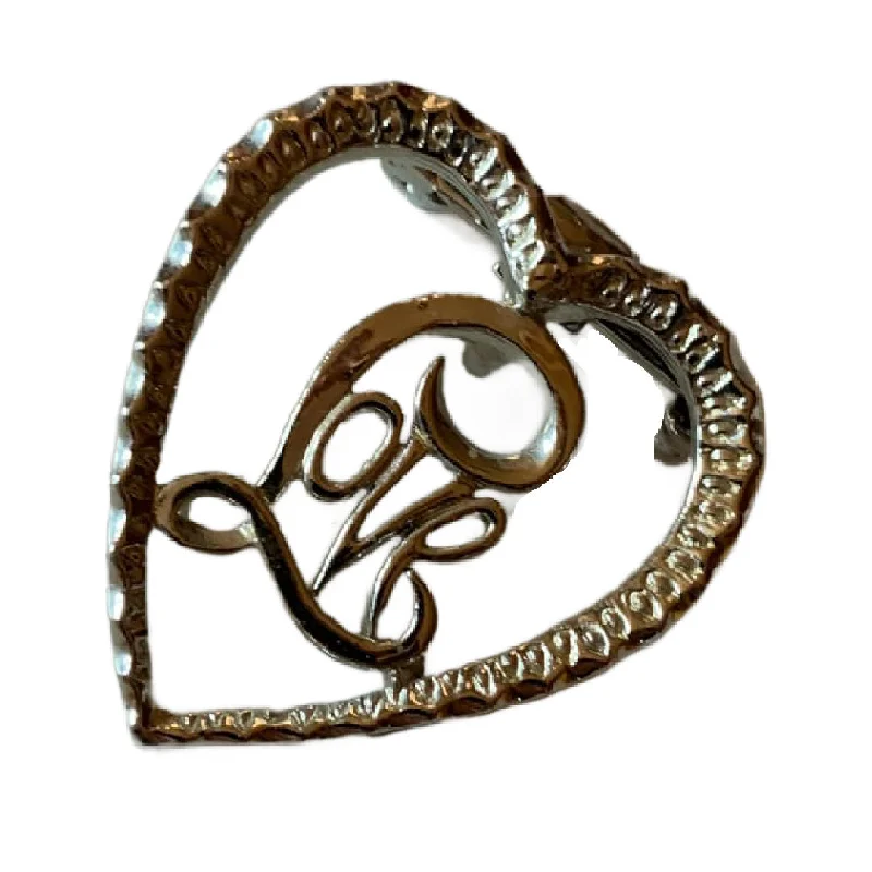 Bold enamel brooches-Silver Tone Metal LOVE Heart Brooch- circa 1970s