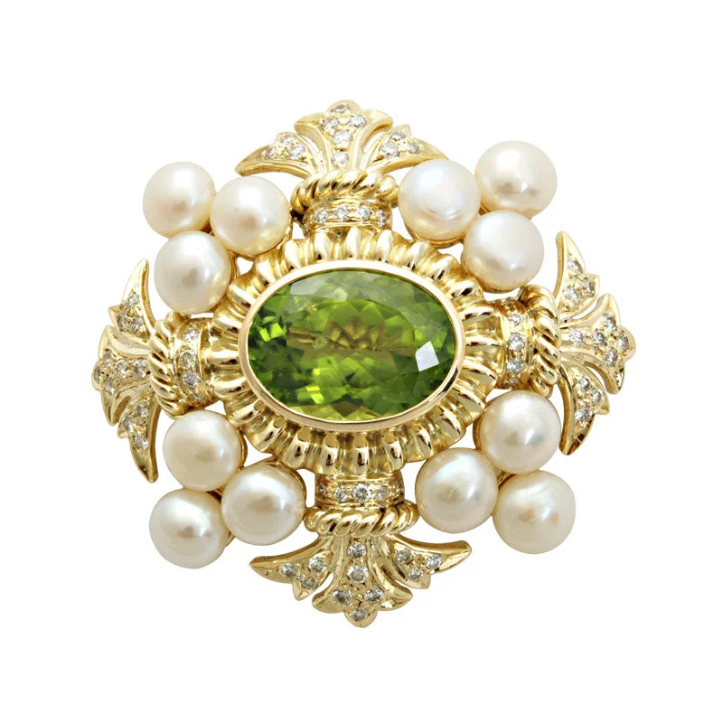 Vine motif brooches-Brooch-Peridot, Pearl and Diamond  (1567B)