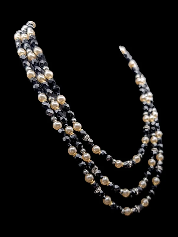 Rope weave necklaces-1950s 3 Strand Pearl, Black Faceted, and Silver Bead Necklace