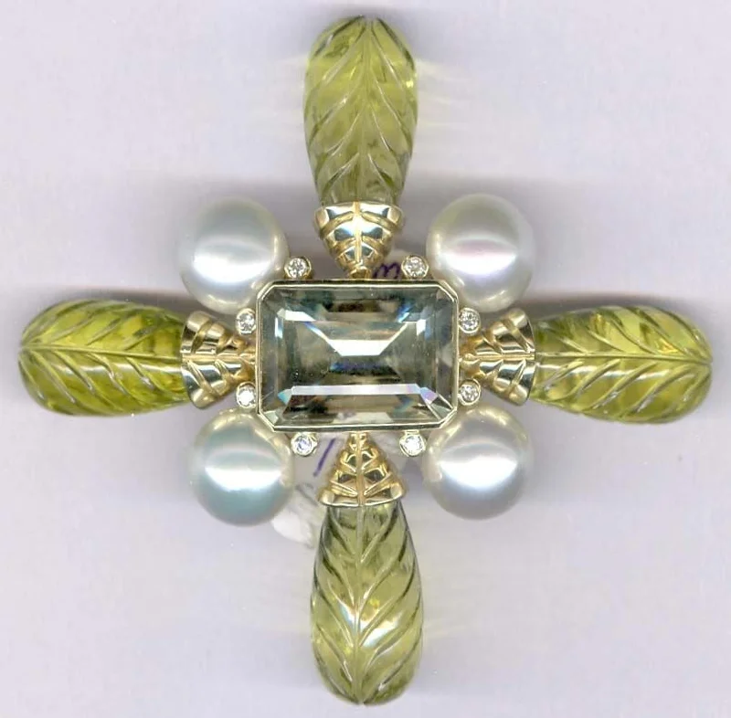 Diamond accent brooches-Repair - Brooch - Green Quartz, Lemon Quartz, Pearl and Diamond (1840E)