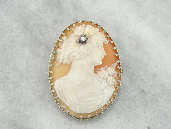 Artisan crafted brooches-Antique Art Deco Cameo Brooch or Pendant with Diamond