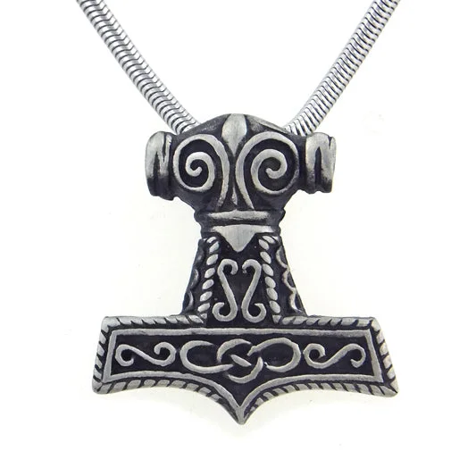 Square pendant necklaces-Viking Thor's Hammer Pewter Pendant Necklace with 20" Snake Chain